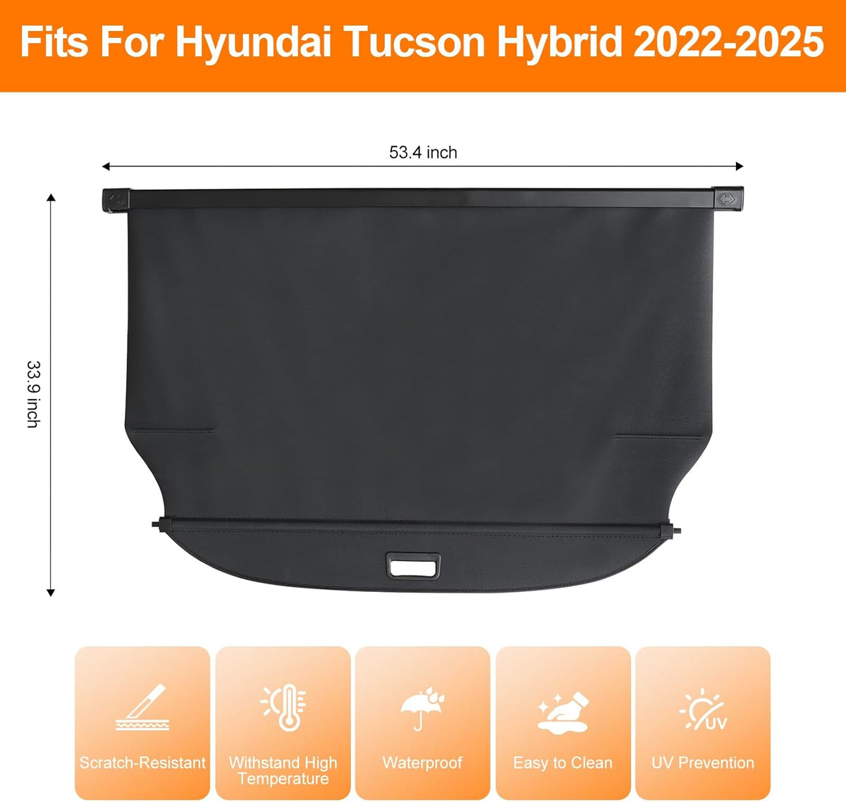 Black car sunshade for Hyundai Tucson Hybrid 2022-2025 with dimensions and feature icons.