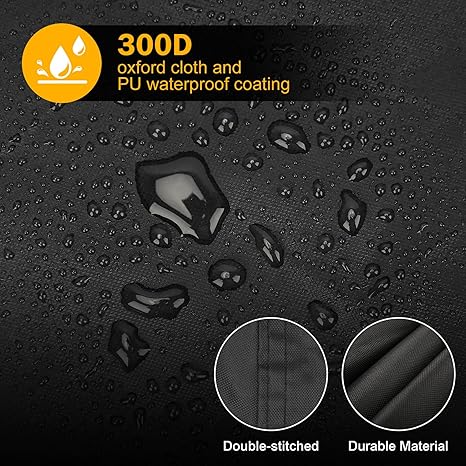 Black fabric with water droplets and text highlighting 300D oxford cloth and PU waterproof coating.