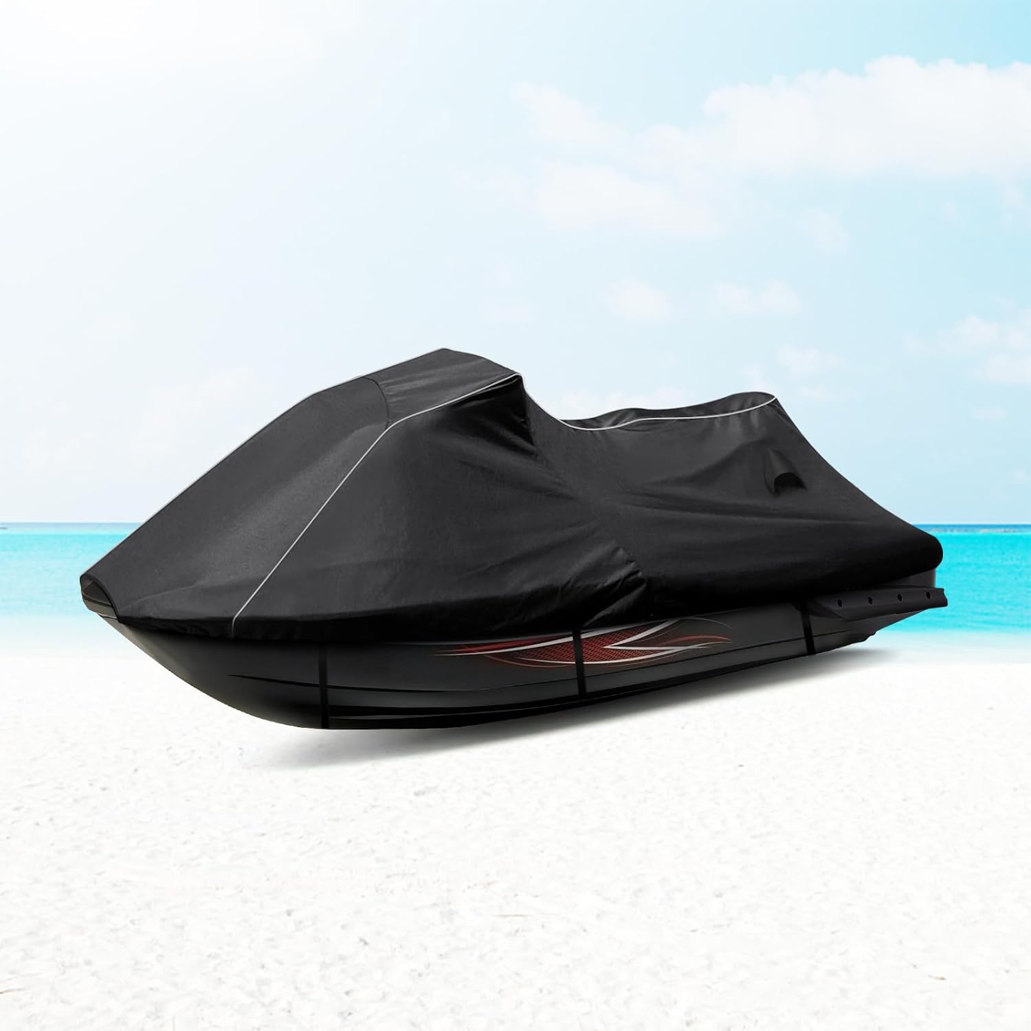 Black jet ski cover on a white background with a blue water and sky gradient.