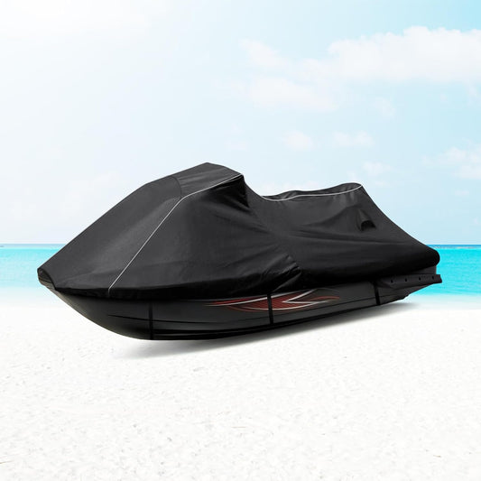 Black jet ski cover on a white background with a blue water and sky gradient.
