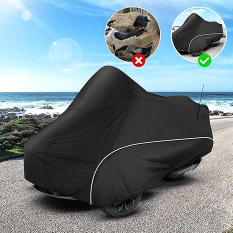 Black motorcycle cover on a motorcycle with ocean view, showing before and after comparison.