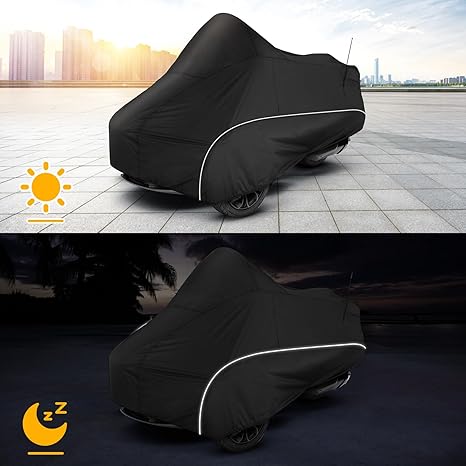 Black motorcycle cover shown in daylight and nighttime settings with sun and moon icons.