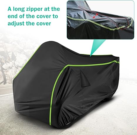 Black motorcycle cover with green zipper on a blurred background