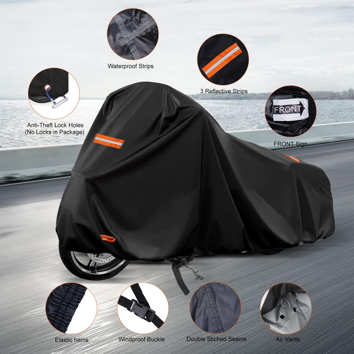 Black motorcycle cover with lock holes, air vents, and reflective strips.