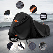 Load image into Gallery viewer, Black motorcycle cover with lock holes, air vents, and reflective strips.
