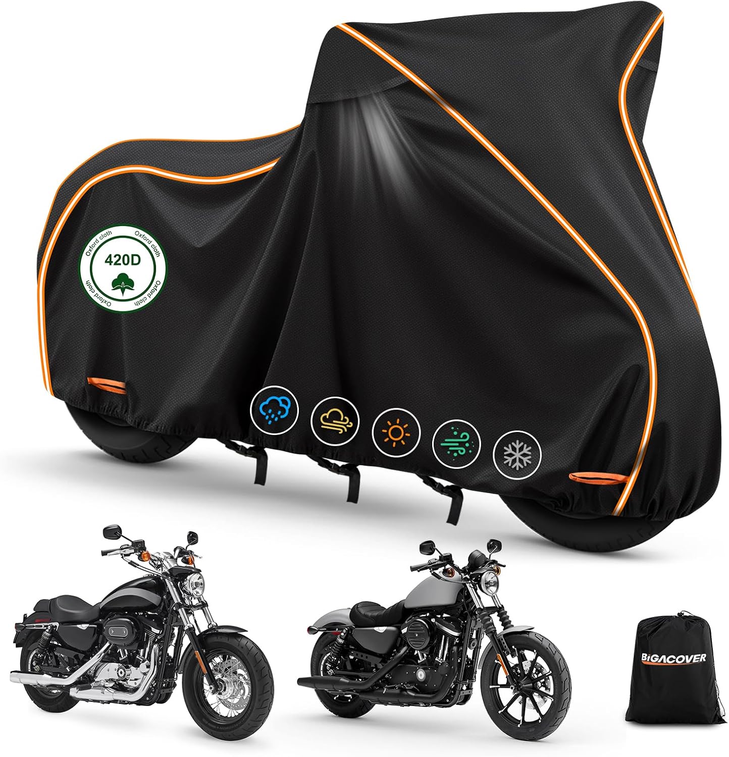 Black motorcycle cover with orange accents, displayed with two motorcycles and a carrying bag on a white background.