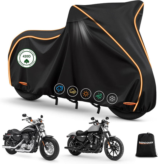 Black motorcycle cover with orange accents, displayed with two motorcycles and a carrying bag on a white background.