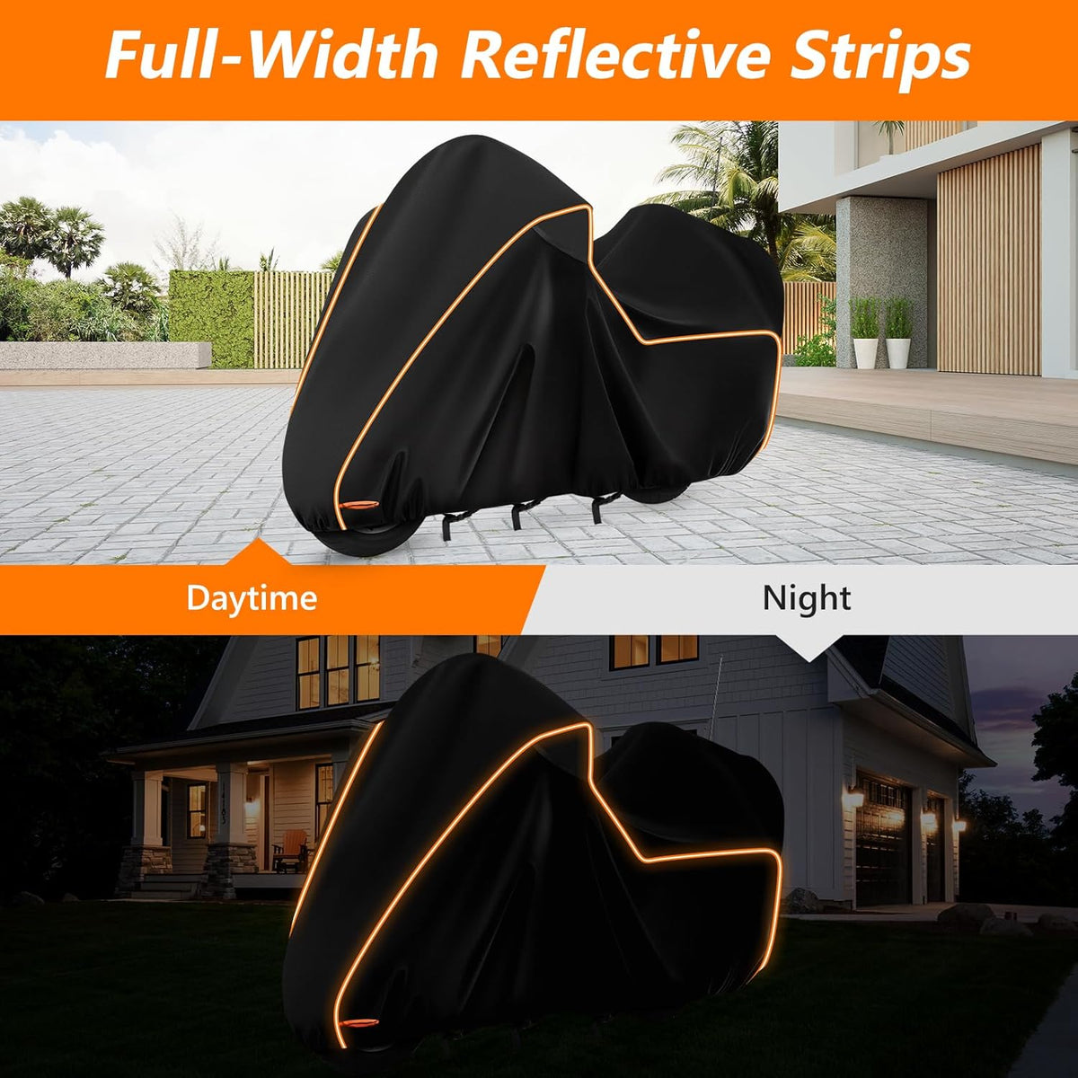 Black motorcycle cover with orange reflective strips shown during day and night.