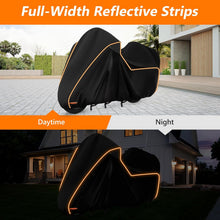 Load image into Gallery viewer, Black motorcycle cover with orange reflective strips shown during day and night.

