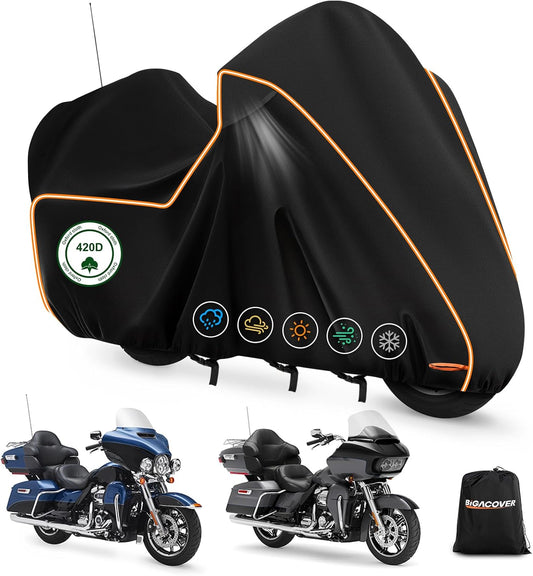 Black motorcycle cover with orange trim on a white background, featuring Bigacover branding.