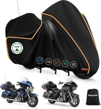 Load image into Gallery viewer, Black motorcycle cover with orange trim on a white background, featuring Bigacover branding.
