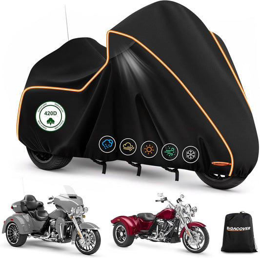 Black motorcycle cover with orange trim on a white background, featuring icons and a Burcover bag.

