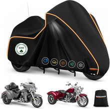 Load image into Gallery viewer, Black motorcycle cover with orange trim on a white background, featuring icons and a Burcover bag.


