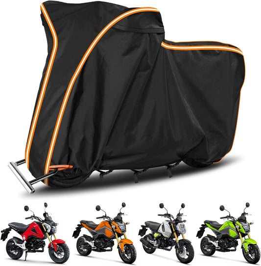 Black motorcycle cover with orange trim on a white background, with small models of motorcycles below.
