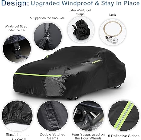 Black motorcycle cover with windproof features and design elements on a white background