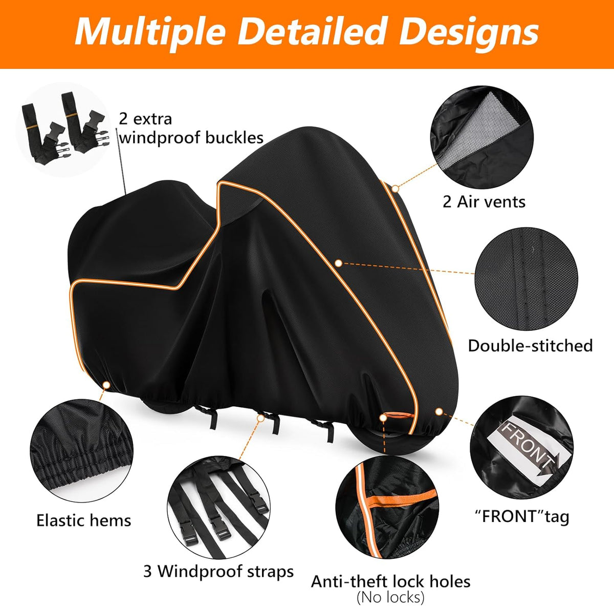 Black motorcycle seat cover with features highlighted on a white background