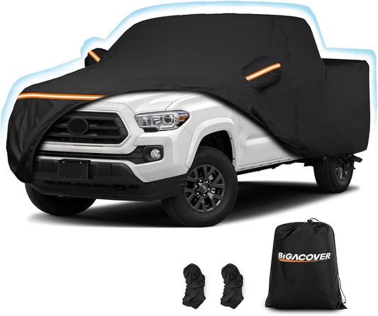 Black truck cover with a white truck underneath, featuring a Bigacover bag.