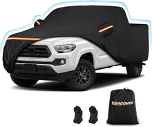 Load image into Gallery viewer, Black truck cover with a white truck underneath, featuring a Bigacover bag.
