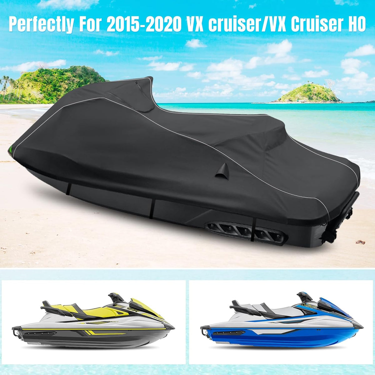 Black watercraft cover for 2015-2020 VX cruiser/VX Cruiser HO with beach and ocean background