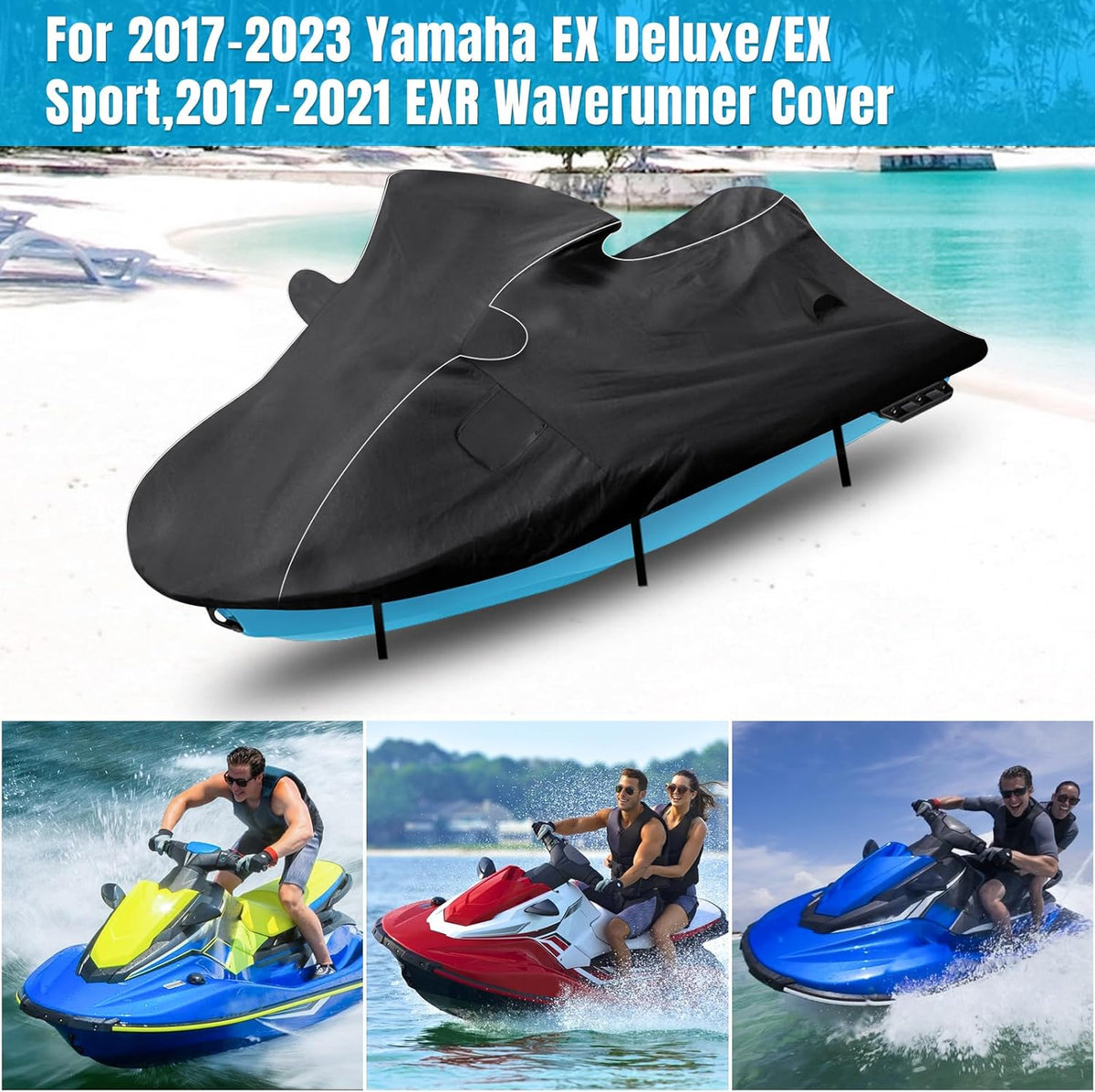 Black watercraft cover for Yamaha EX Deluxe/EX Sport and EXR Waverunner with images of people on jet skis.