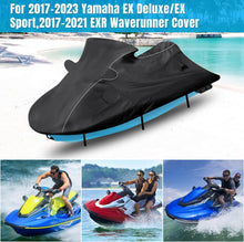 Load image into Gallery viewer, Black watercraft cover for Yamaha EX Deluxe/EX Sport and EXR Waverunner with images of people on jet skis.
