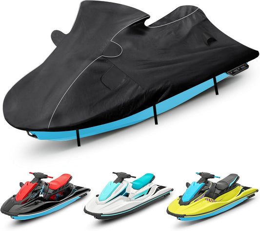 Black watercraft cover over a blue jet ski with smaller jet skis displayed below on a white background.