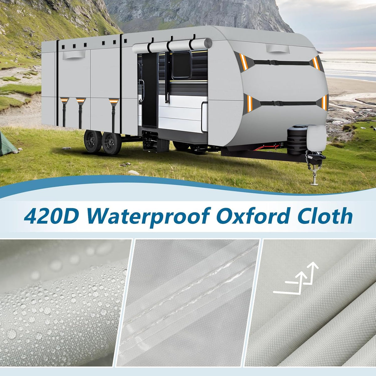 Camper trailer with 420D waterproof Oxford cloth feature highlighted