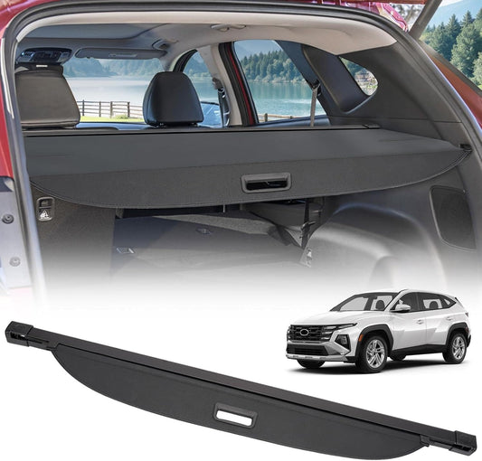 Car cargo cover inside a vehicle with a car and mountains in the background