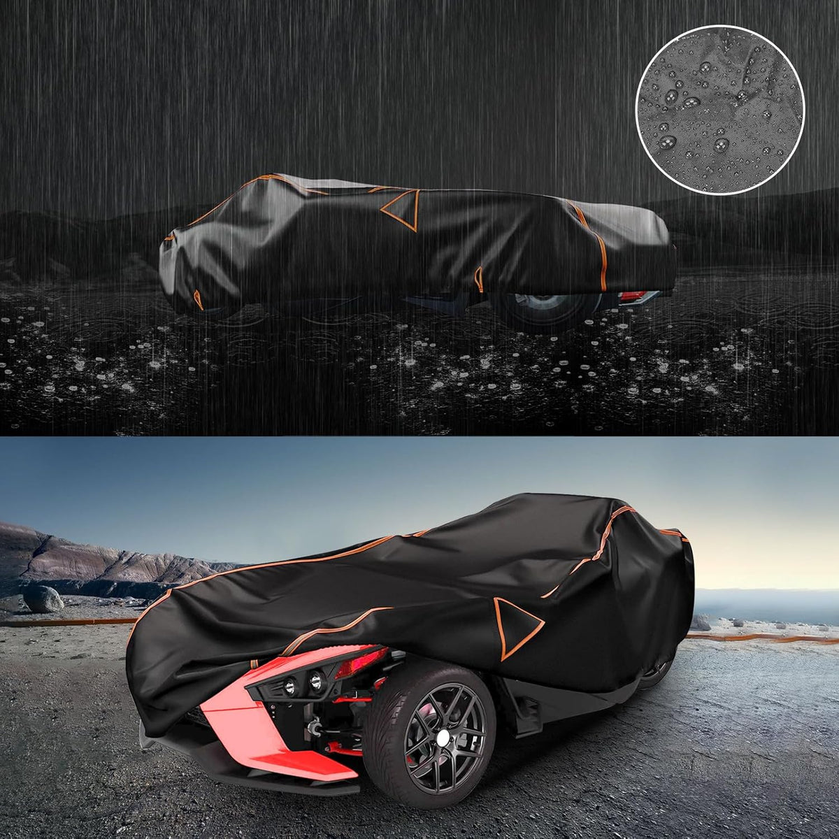 Car cover on a sports car with raindrop detail and mountainous background