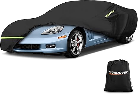 Car cover over a blue sports car with a Bigacover bag on a white background