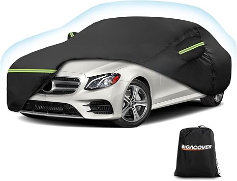 Car cover over a silver Mercedes-Benz with a Bigacover bag on a white background