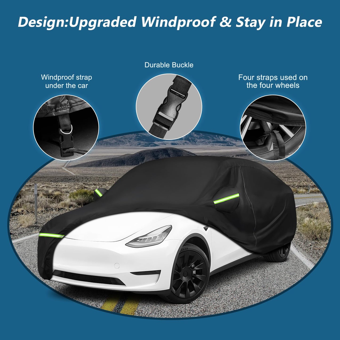 Car cover windproof design features: includes a durable buckle system, an under-car windproof strap, and specialized tie-down straps for all four wheels.