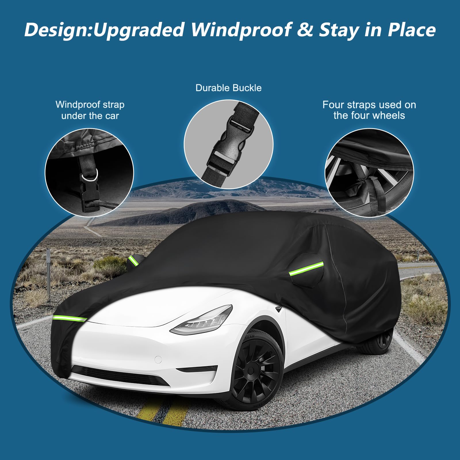 Car cover windproof design features: includes a durable buckle system, an under-car windproof strap, and specialized tie-down straps for all four wheels.