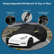 Load image into Gallery viewer, Car cover windproof design features: includes a durable buckle system, an under-car windproof strap, and specialized tie-down straps for all four wheels.
