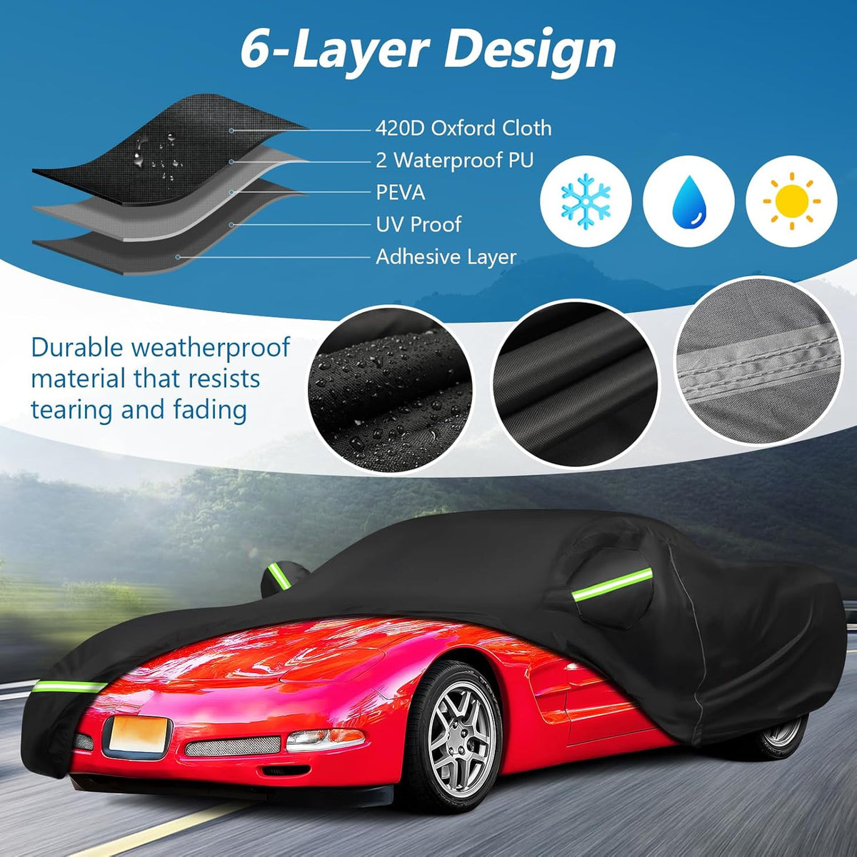 Car cover with 6-layer design features and a red car on a road background