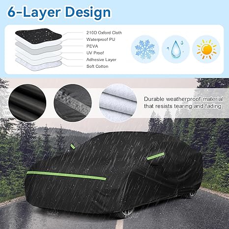 Car cover with 6-layer design features and durability text, shown outdoors.