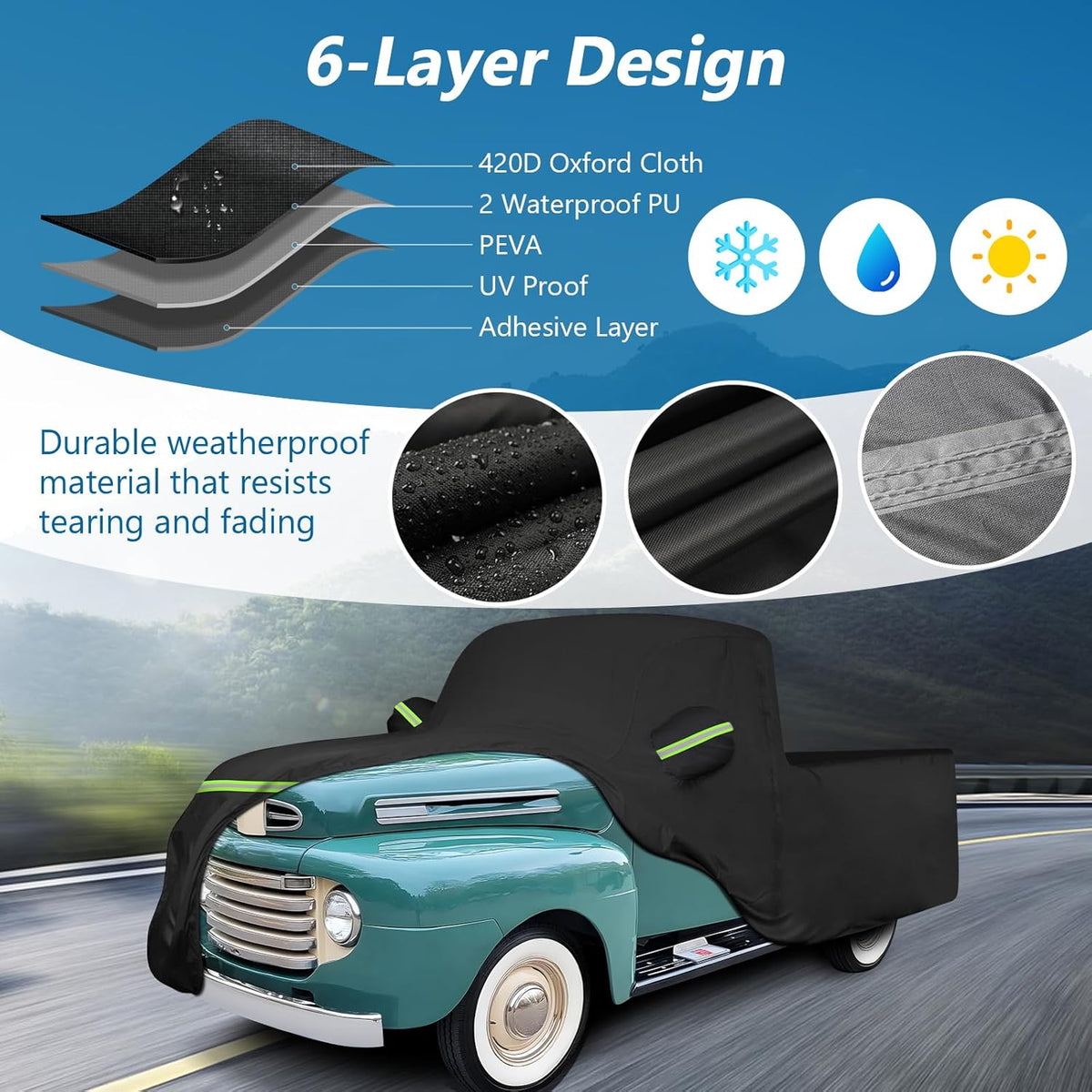 Car cover with 6-layer design features on a scenic road background