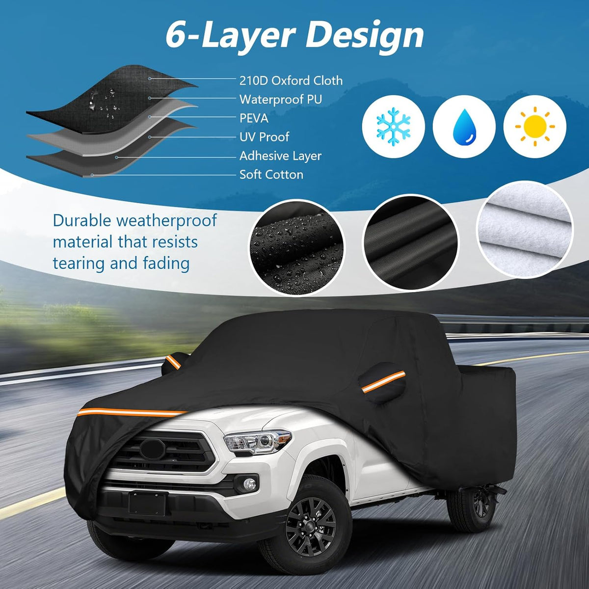 Car cover with 6-layer design on a road background