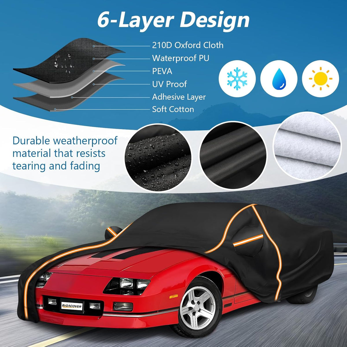 Car cover with 6-layer design on a scenic road background