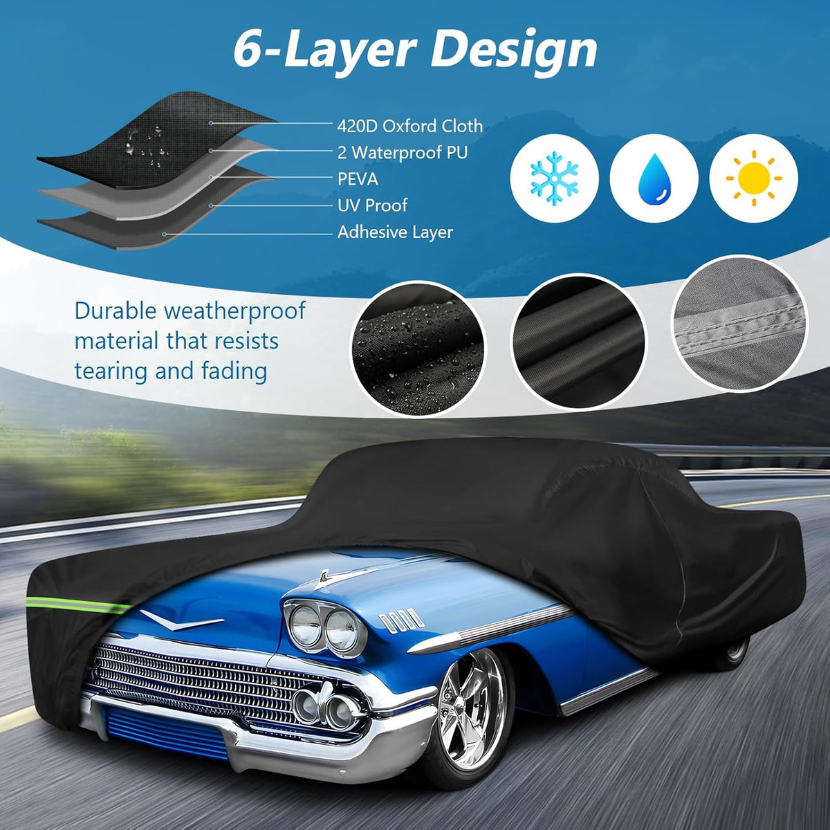 Car cover with 6-layer design on a road background