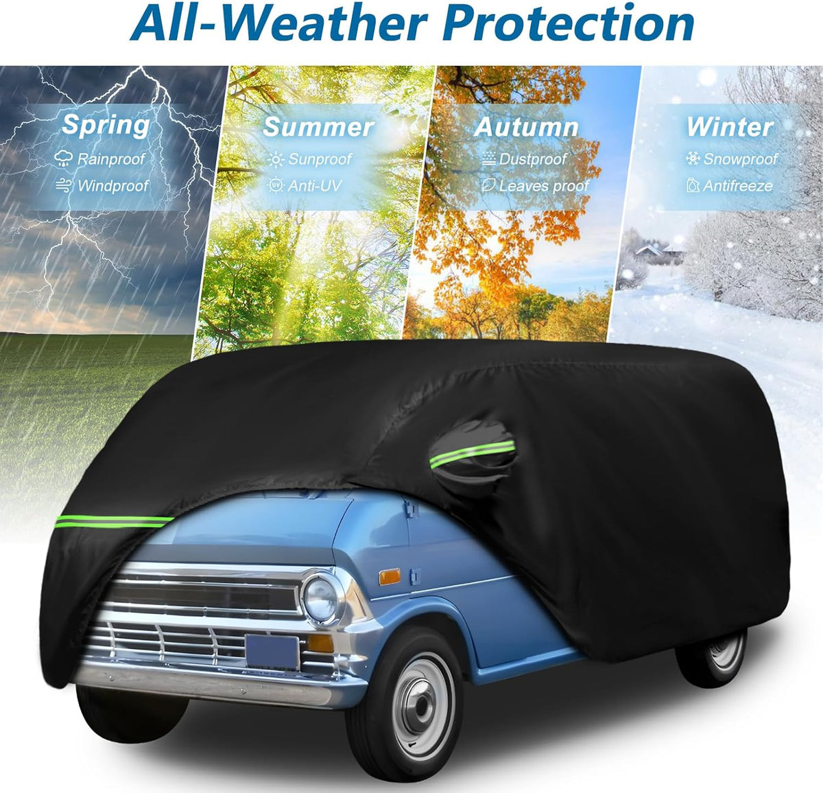 Car cover with all-weather protection features displayed against a white background.