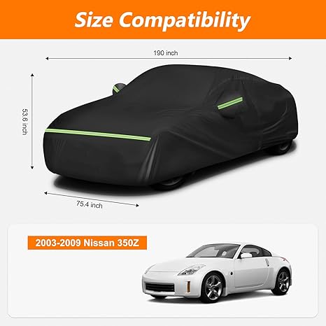 Car cover with dimensions and compatibility with a 2003-2009 Nissan 350Z.