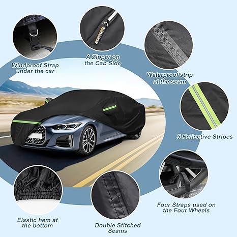 Car cover with features highlighted on a scenic road background