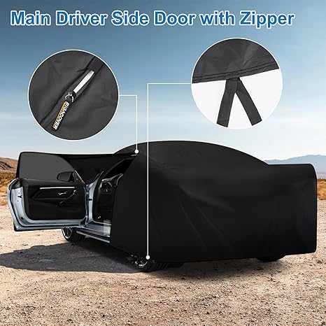 Car cover with open driver side door showing zipper detail, set against a desert landscape.