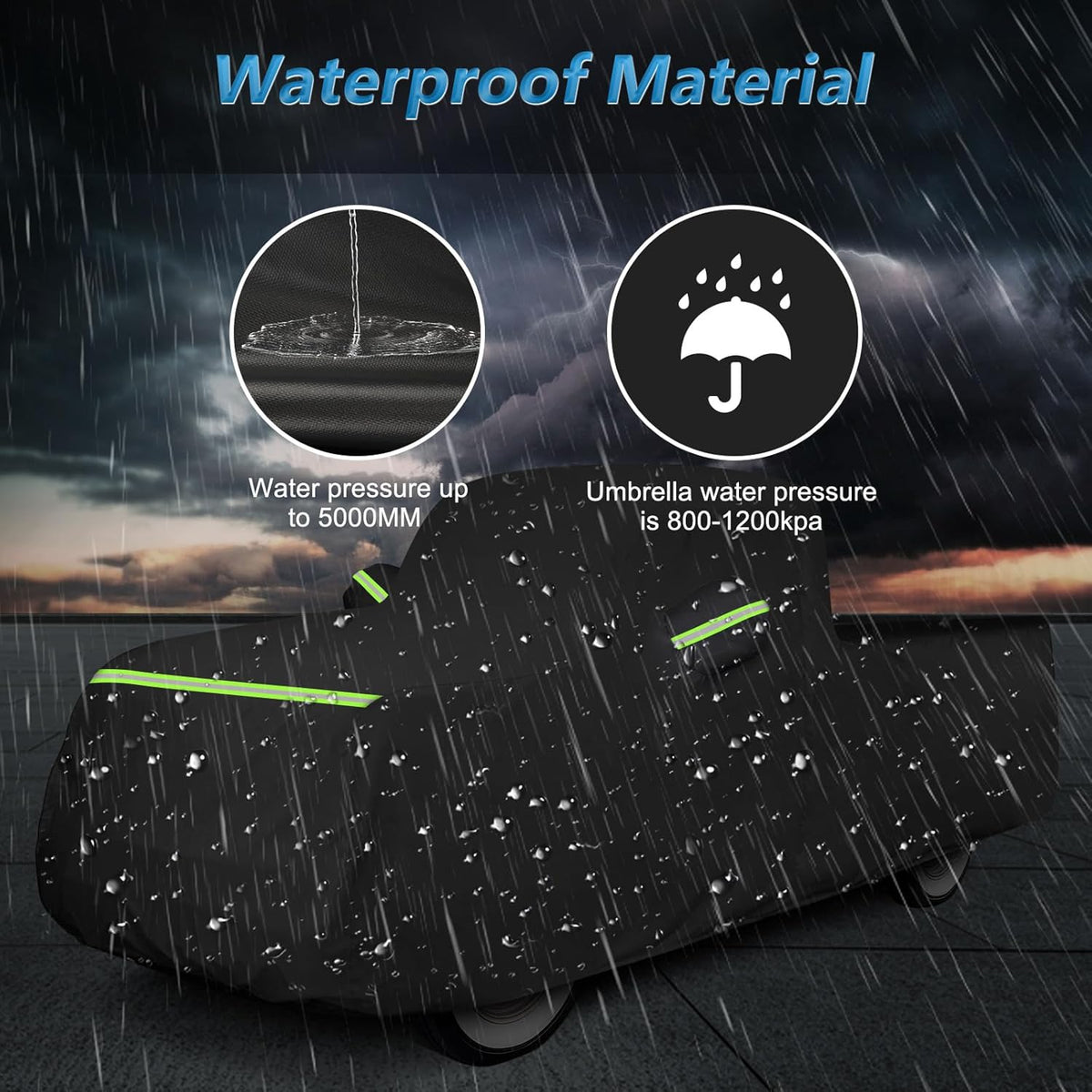 Car cover with rain simulation and text about waterproof material on a dark background