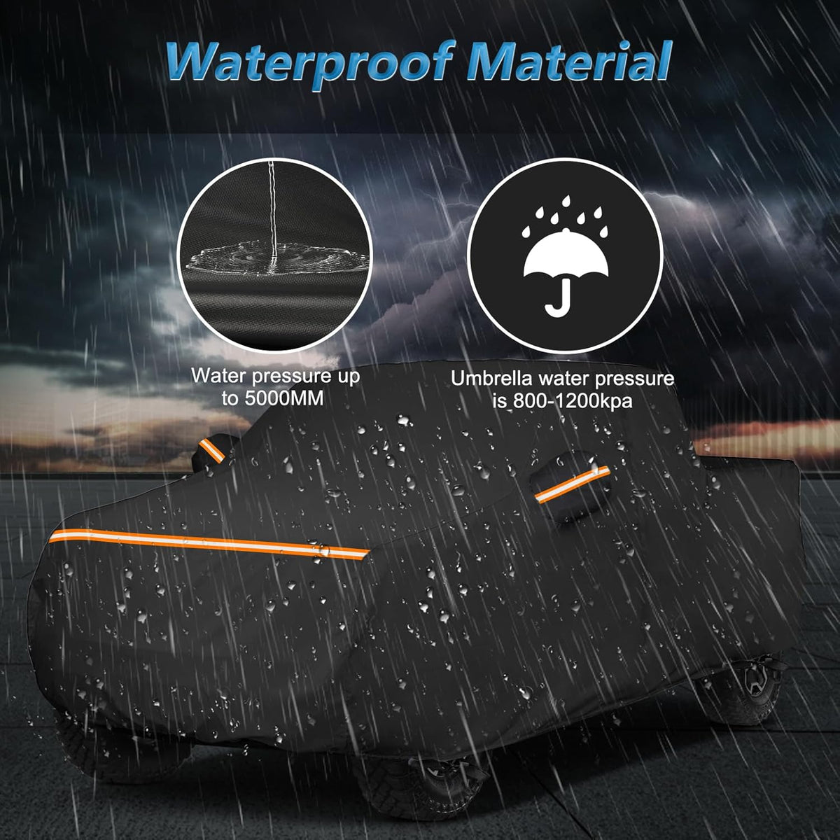 Car cover with waterproof material demonstration against a rainstorm background