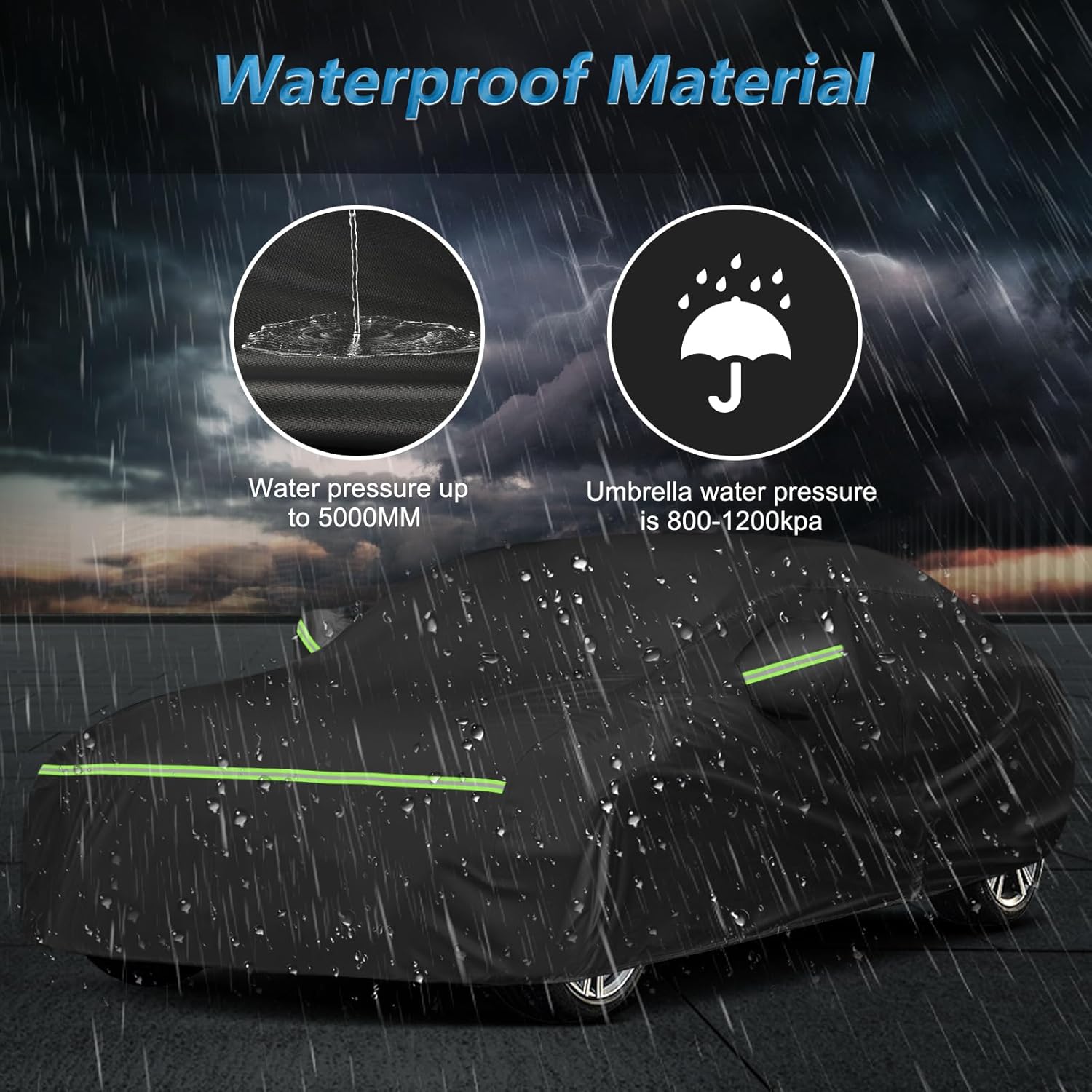 Car cover with waterproof material demonstration, showing water pressure resistance and umbrella water pressure comparison.


