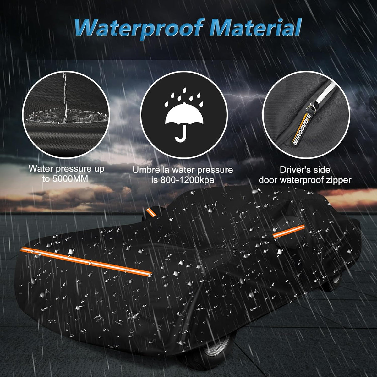 Car cover with waterproof material features, including water pressure and zipper details, on a rainy background.