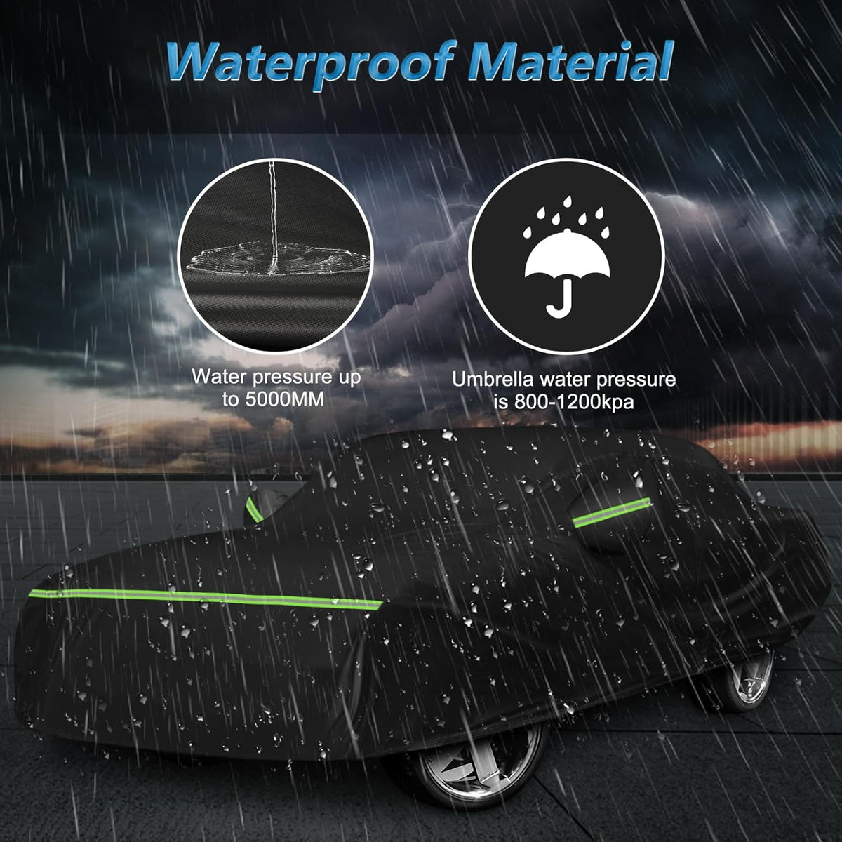 Car cover with waterproof material features, showing water pressure resistance and comparison to an umbrella.