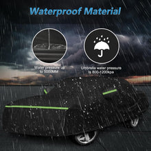 Load image into Gallery viewer, Car cover with waterproof material features, showing water pressure resistance and comparison to an umbrella.
